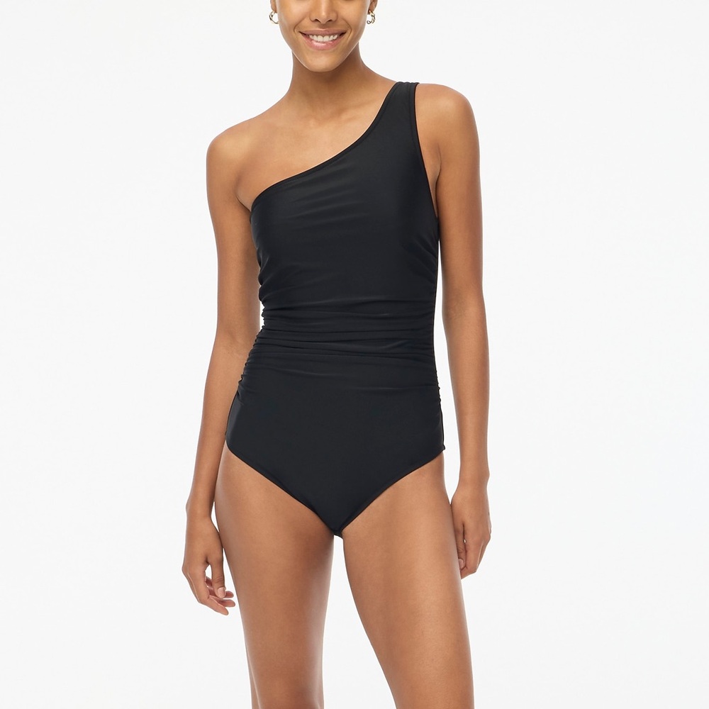 NWT J Crew Ruched Swimsuit Reg Rise Sz L One Shoulder Shelf Bra Black w Liner